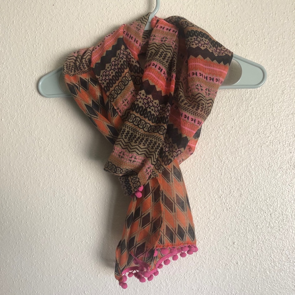 Unique Geometric Scarf with Pom Poms